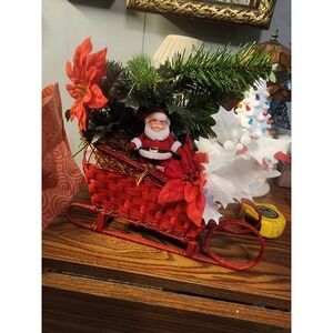 Vintage 1960s Flocked Santa Claus Red Wicker Sleigh Florals Centerpiece Rare